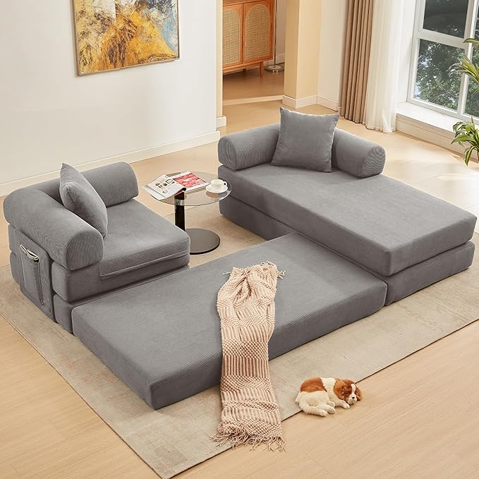 107" Oversized Convertible Sleeper Sofa Bed, Corduroy L Shape Sectional Couch, Folding Sofa Bed with Side Pocket, Modern Cloud Floor Mattress Couch, Modular Sofa for Living Room, Grey-HomvellaHome