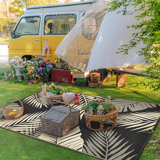 GENIMO Outdoor Rug 5' x 8' Waterproof for Patios Clearance, Reversible Outdoor Plastic Straw Camping Rug Carpet, Large Area Rugs Mats for RV, Picnic, Backyard, Deck, Balcony, Porch, Beach, Black&Beige-HomvellaHome
