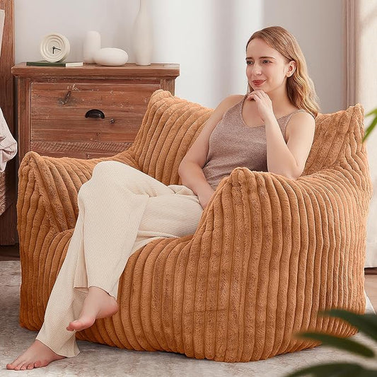 Giant Bean Bag Chairs for Adults Teens, Large Bean Bag Sofa Chairs with Filling Comfy Fuzzy BeanBag Chair with Armrests for Bedroom Living Room Reading (Brown, Large)-HomvellaHome