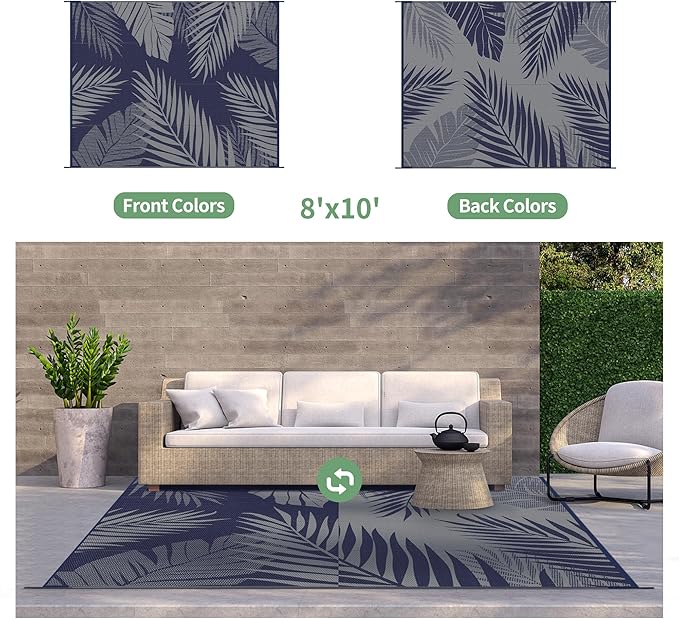 GENIMO Outdoor Rug 8' x 10' Waterproof for Patios Clearance, Reversible Outdoor Plastic Straw Camping Rug Carpet, Large Area Rugs Mats for RV, Camper, Deck, Balcony, Porch, Beach, Navy Blue&Grey-HomvellaHome