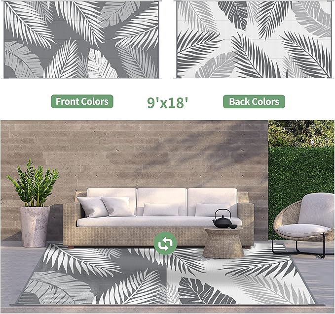 GENIMO Outdoor Rug 9' x 18' Waterproof for Patios Clearance, Reversible, Plastic Straw Camping Rug Carpet, Large Area Rugs Mats for RV, Picnic, Backyard, Deck, Balcony, Porch, Beach, Grey&White-HomvellaHome