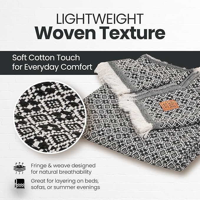 Gold Case Throw Blanket for Couch – 100% Recycled Turkish Cotton Blankets & Throws – Elegant Decorative Throw Blankets for Living Room Sofa – Woven Throws for Couch – Retro Black – 50x60-HomvellaHome