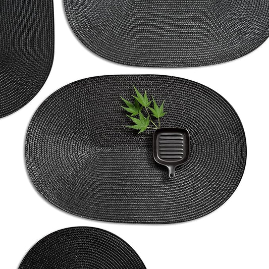 AHHFSMEI Placemats Set of 4 for Dining Table Washable Woven Vinyl Non-Slip 18x12 inches Placemat Heat-Resistant Durable Table Mats for Dining Table Easy to Clean (Oval Black, 4)