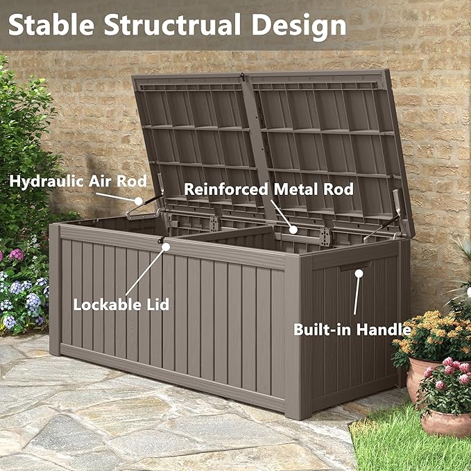 150 Gallon Resin Deck Box, Large Indoor and Outdoor Storage Box, Weatherproof and UV Resistant Outdoor Storage Box with Built-in Steel Beams for Patio, Cushions, Pool Supplies-HomvellaHome