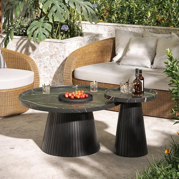 win2win Nesting Coffee Table Set of 2, Modern Coffee Table with Marble Veneer, Fluted Round Tea Table and End Table Set, Minimalist Center Tables for Living Room, Office, Black-HomvellaHome