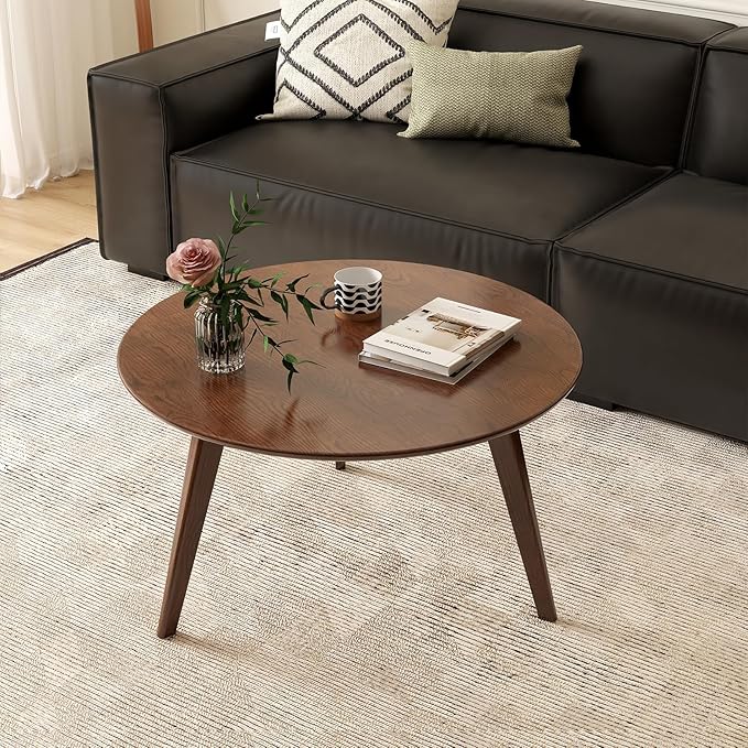 100% Solid Oak Wood Mini Coffee Table, Round Side Table w/Solid Wood Legs, Walnut Mid Century Coffee Table w/Sturdy Frame for Bedroom Balcony Living Room (29.53" D x 17.72" H)-HomvellaHome