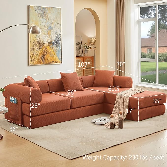 107" Oversized Convertible Sleeper Sofa Bed, Corduroy L Shape Sectional Couch, Folding Sofa Bed with Side Pocket, Modern Cloud Floor Mattress Couch, Modular Sofa for Living Room, Orange-HomvellaHome