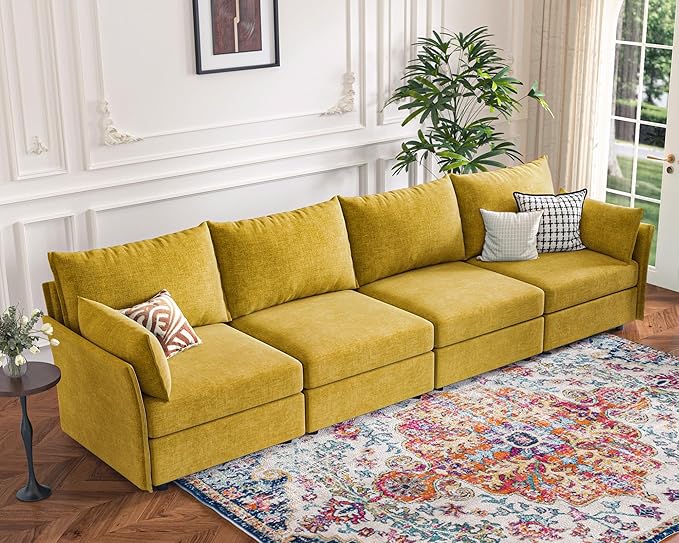 134.6" Modular Sectional Sofa, Oversized 4 Seater Couch with Removable Yellow Chenille Fabric Cover, Deep Seat & High Backrest for Living Room, Office & Apartment-HomvellaHome