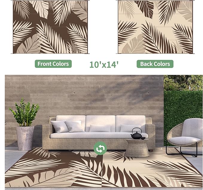 GENIMO Outdoor Rug 10' x 14' Waterproof for Patios Clearance, Reversible Outdoor Plastic Straw Camping Rug Carpet, Large Area Rugs Mats for RV, Camper, Deck, Balcony, Porch, Beach, Coffee&Beige-HomvellaHome