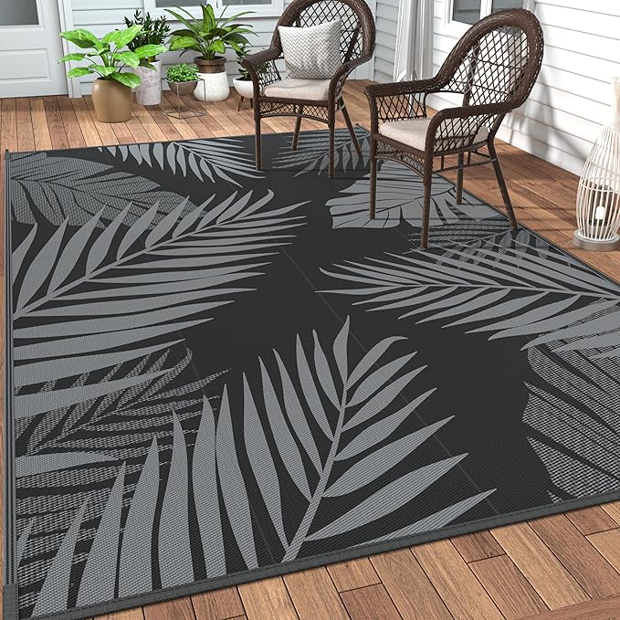 GENIMO Outdoor Rug 10' x 14' Waterproof for Patios Clearance, Reversible Outdoor Plastic Straw Camping Rug Carpet, Large Area Rugs Mats for RV, Camper, Deck, Balcony, Porch, Beach, Picnic, Black&Grey-HomvellaHome