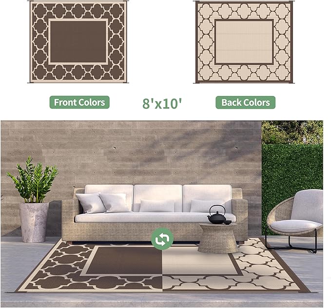 GENIMO Outdoor Rug 8' x 10' Patio Waterproof, Foldable Reversible Plastic Straw Area Rugs Mat for Camper Decor, Outside Carpet for Rv, Deck, Porch, Picnic, Beach, Balcony, Coffee & Beige-HomvellaHome