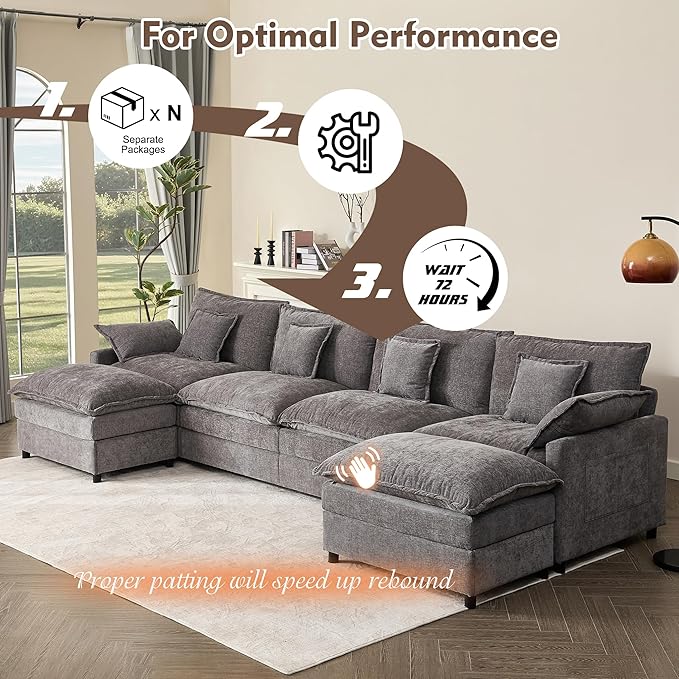 142.5" U Shaped Couch, Modular Sectional Sofa, 3-Seater Comfy Cloud Couch with Movable Ottoman, Deep Seat Couches for Living Room, Chenille, Slate-HomvellaHome