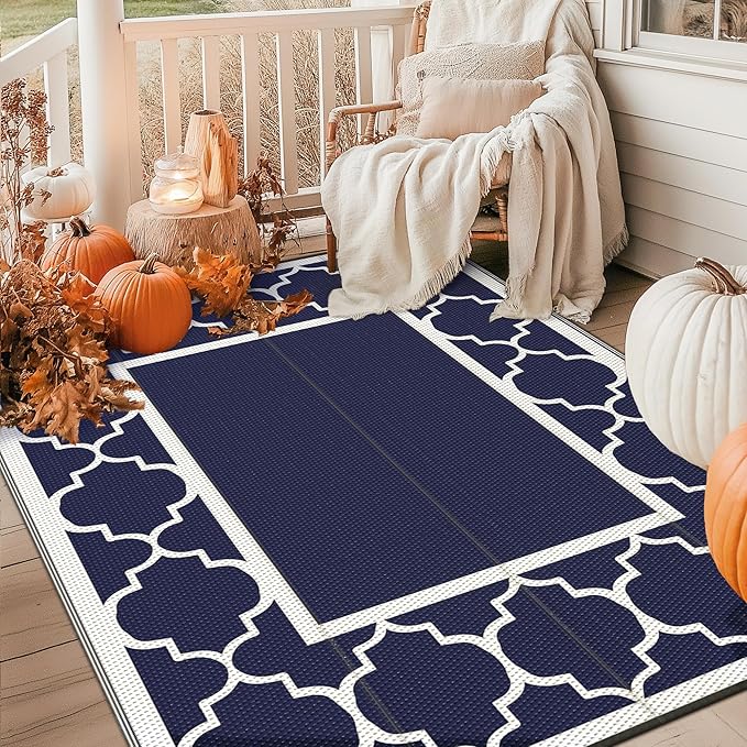 GENIMO Outdoor Rug 8' x 10' Patio Waterproof, Foldable Reversible Plastic Straw Area Rugs Mat for Camper Decor, Outside Carpet for Rv, Deck, Porch, Picnic, Beach, Balcony, Blue & White-HomvellaHome