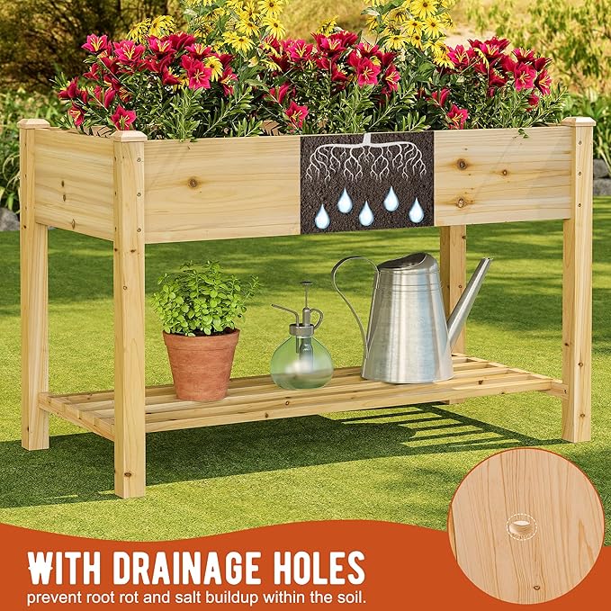 GHWIE Raised Garden Bed with Shelf,Elevated Wooden Planter Box with Legs,Garden Planter for Backyard, Patio, Balcony,200lb Capacity - Natural-HomvellaHome