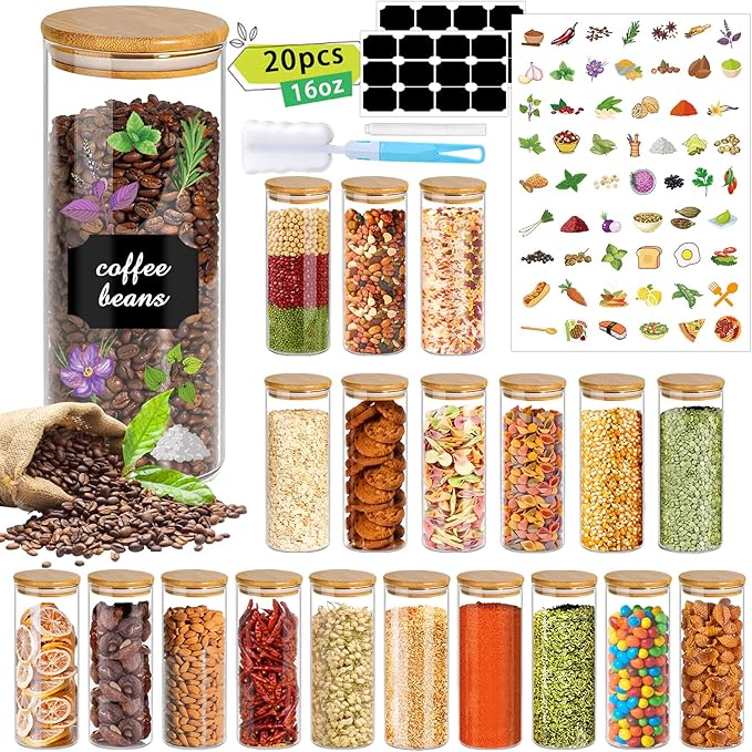 16 oz 20 pcs Glass Jars with Bamboo Lids, Stackable Clear Food Storage Jars, Airtight Kichen Glass Pantry Storage Containers with Lids for Rice, Candy, Sugar, Flour, Nuts, Cookie, Spice-HomvellaHome