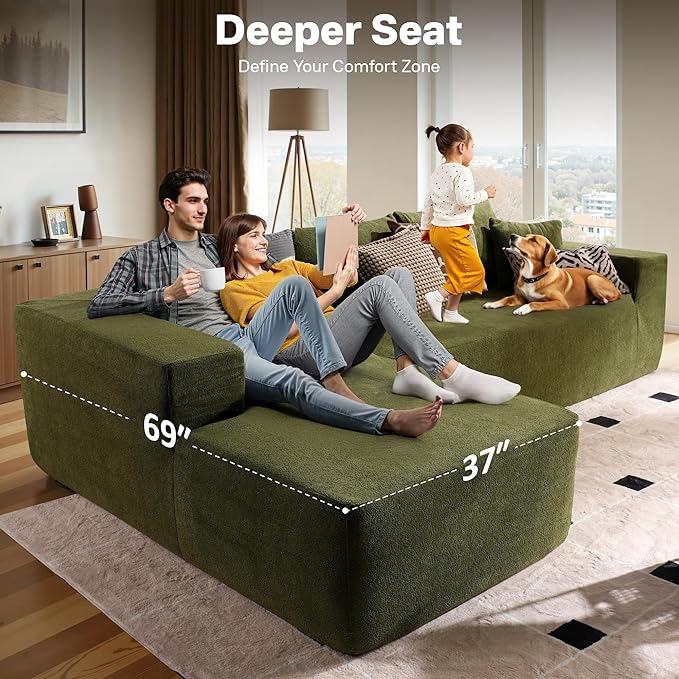 104" Cloud Sectional Couches for Living Room,L Shaped Boneless Couch in A Box,Sleeper Sofa with Comfy Chaise No Assembly Required,Green-HomvellaHome