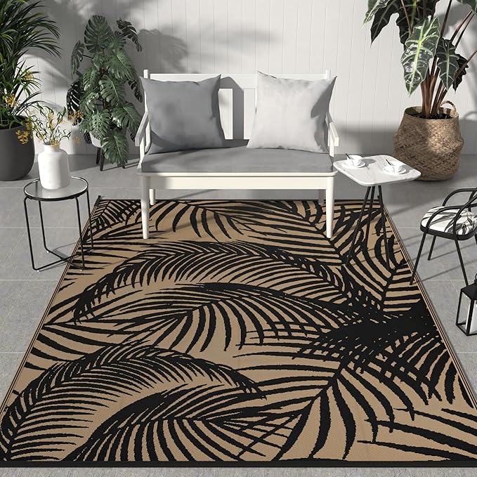 GENIMO Outdoor Rug 5' x 8' Waterproof for Patio Clearance, Reversible Plastic Straw Camping Carpet, Lightweight Mats for Rv, Backyard, Deck, Porch, Picnic, Beach, Balcony, Black & Brown-HomvellaHome