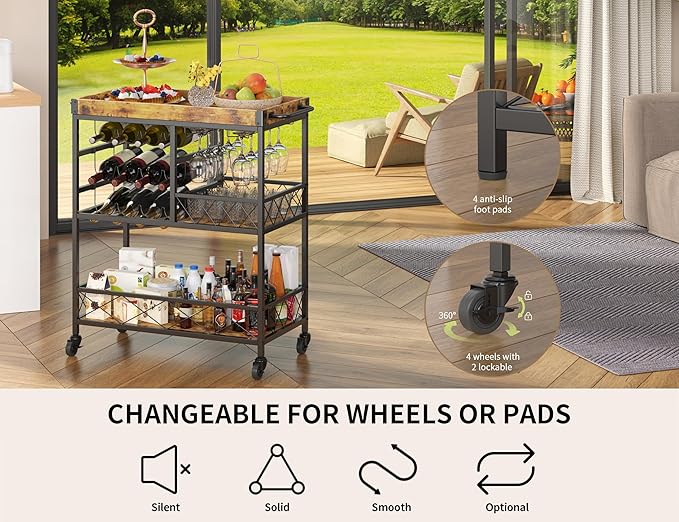 Gizoon Bar Cart, 3 Tier Coffee Cart with Lockable Wheels, 12-Bottle Wine Rack, and Hanging Glass Holder, Kitchen Rack with Removable Tray, for Kitchen, Dining Room, Entertaining, Club Party,Retro-HomvellaHome