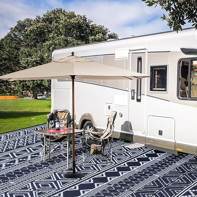 GAOMON Reversible Outdoor Rug 9'x18' Waterproof Plastic Straw Rug, Patio Rug, Large Modern Area Rug Carpet, Indoor Outdoor Rugs for Camping, Porch, Deck, Balcony, Backyard, Dark Blue/White(Bohemia)-HomvellaHome