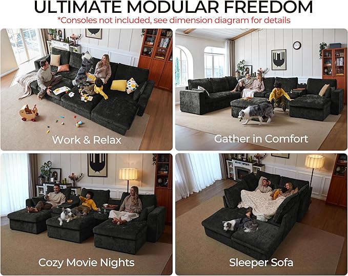 124.8'' Oversized Modular Sofa Comfy Cloud Couch with Storage, Extra Wide Sectional Sofa for Living Room, Covers Washable, 3-Seater, Chenille, Black-HomvellaHome