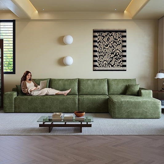 136" Sectional Couches for Living Room Modern Modular Sofa with L-Shape Couchs Upholstered Boneless Couch Deep Seat Sectional Couch with Chaise (Green, Right Facing Chaise+3Seaters)-HomvellaHome