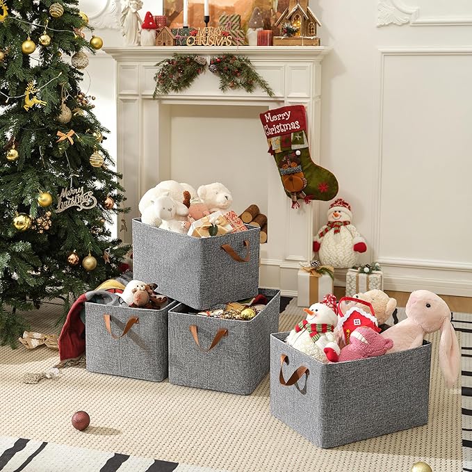 GRANNY SAYS Closet Storage Baskets, Collapsible Fabric Storage Bins with Metal Frame, Clothes Organizer Bins, Extra Large Baskets for Shelves, Gray, 4-Pack-HomvellaHome