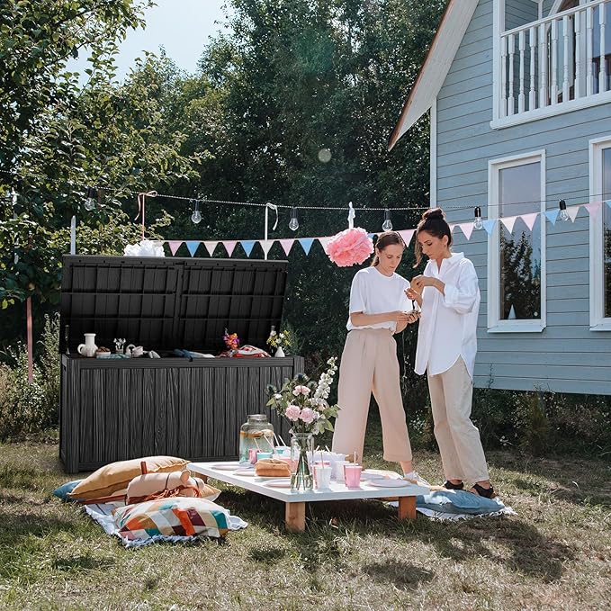 180 Gallon Deck Box,Resin Outdoor Storage Box with Lockable for Patio Furniture, Pool Accessories, Garden Tools Waterproof Outside Storage Box, Black-HomvellaHome