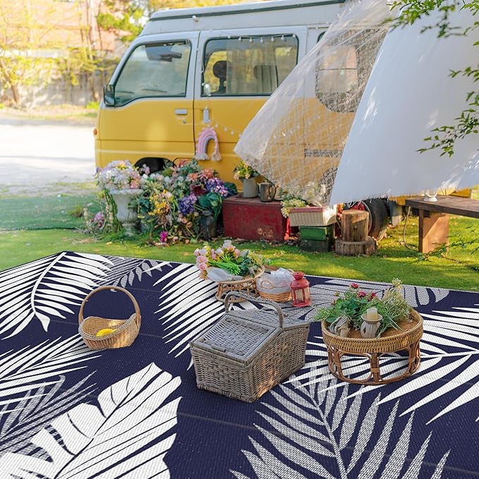 GENIMO Outdoor Rug 10' x 14' Waterproof for Patios Clearance, Reversible Outdoor Plastic Straw Camping Rug Carpet, Large Area Rugs Mats for RV, Camper, Deck, Balcony, Porch, Beach, Navy Blue&White-HomvellaHome