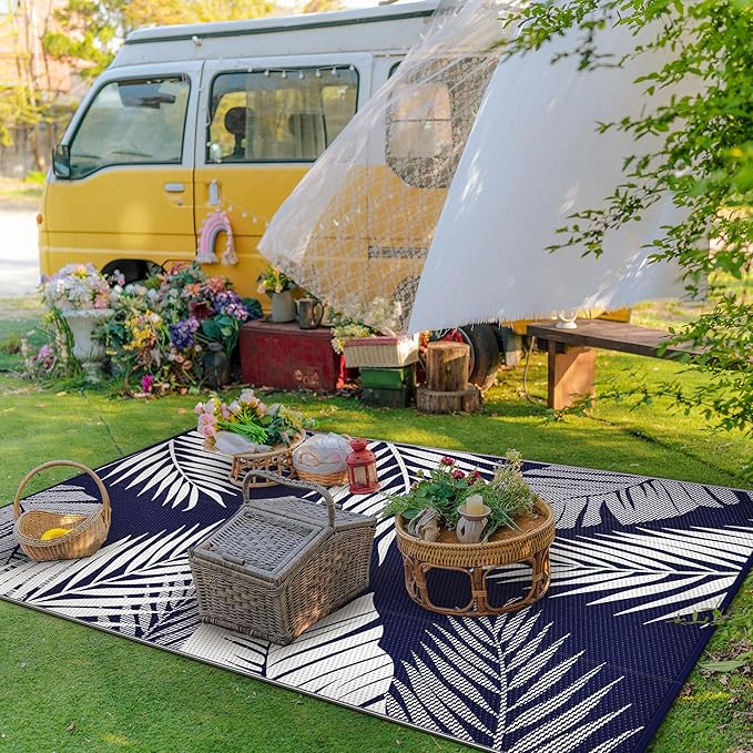 GENIMO Outdoor Rug 3' x 5' Waterproof for Patios Clearance, Reversible Outdoor Plastic Straw Camping Rug Carpet, Large Area Rugs Mats for RV, Camper, Deck, Balcony, Porch, Beach, Navy Blue&White-HomvellaHome