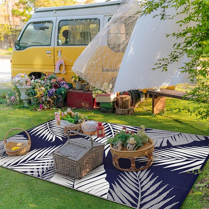 GENIMO Outdoor Rug 4' x 6' Waterproof for Patios Clearance, Reversible Outdoor Plastic Straw Camping Rug Carpet, Large Area Rugs Mats for RV, Camper, Deck, Balcony, Porch, Beach, Navy Blue&White-HomvellaHome