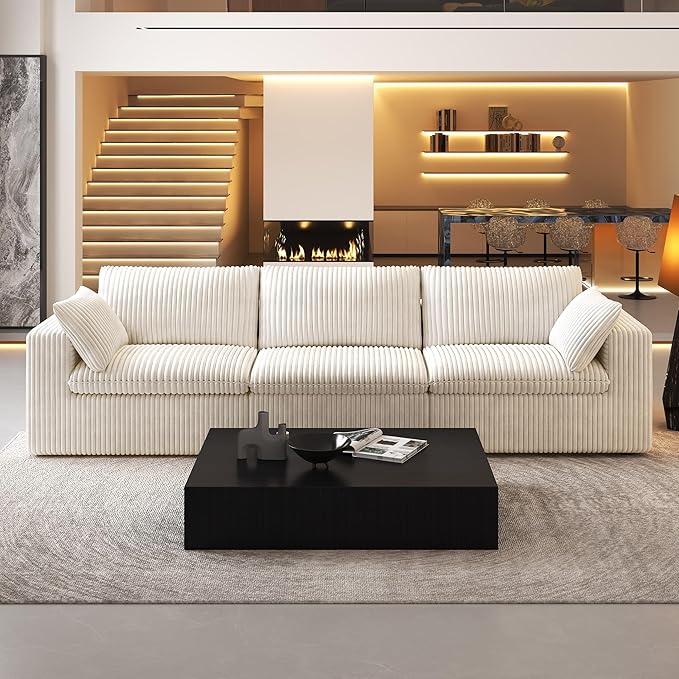 118" 3-Seater Cloud Sofa,Modular Sectional Couch,Modern Deep Seat Upholstered Couches with Plush Corduroy Fabric for Living Room Furniture,Bedroom and Apartment,No Assembly Required,White-HomvellaHome