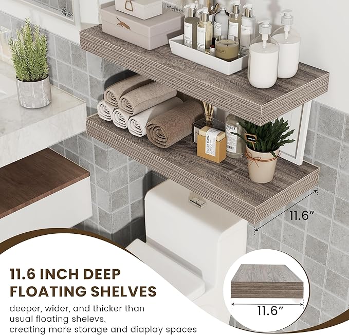 12 Inch Deep Floating Shelves for Wall | 30 Inch Floating Shelves Set of 2 | Rustic Grey Wood Shelves for Living Room Bathroom Laundry Room Bedroom Kitchen Home Office - Rustic Grey-HomvellaHome