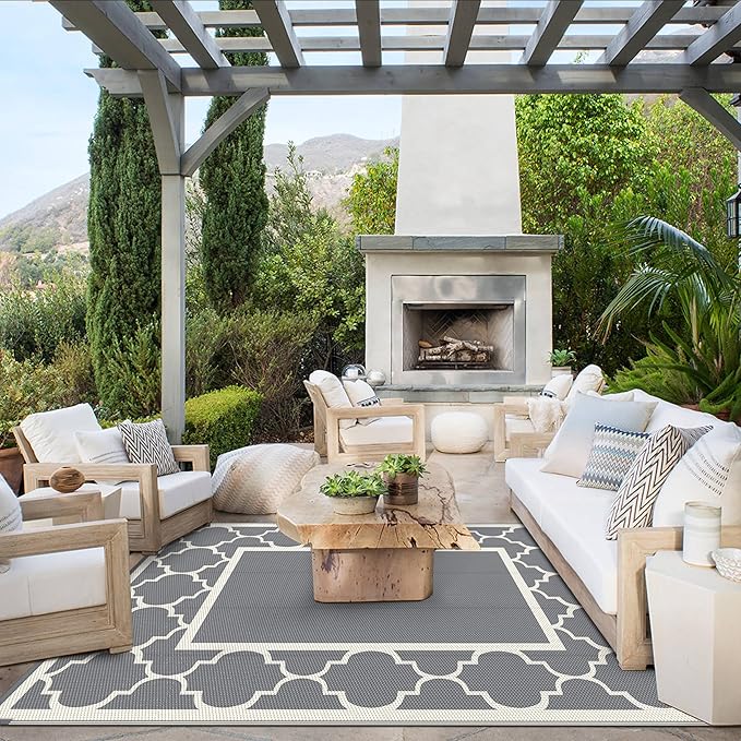 GENIMO 6' x 9' Outdoor Rug Waterproof for Patio Decor, Foldable Reversible Plastic Straw Area Rugs Mat for Camper, Outside Carpet for Rv, Deck, Porch, Picnic, Beach, Balcony, Grey & Beige White-HomvellaHome