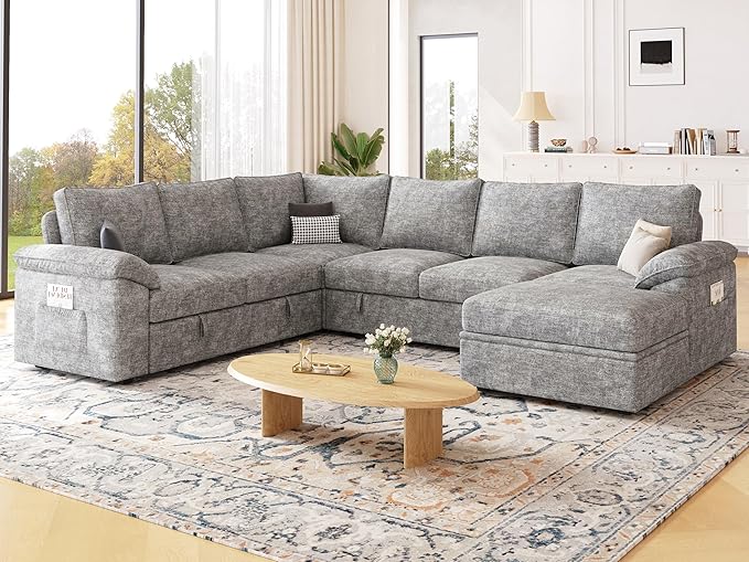 108 Inch Modular Sectional Sofa with Pull Out Bed,U Shaped 7 Seat Sectional Sleeper Sofa with Storage,Sectional Couches for Living Room,Cloud Modular Couch,Removable Sofa Cover,Light Gray-HomvellaHome