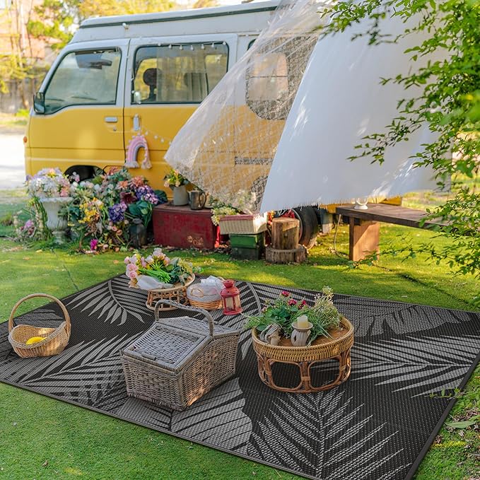 GENIMO Outdoor Rug 6' x 9' Waterproof for Patios Clearance, Reversible Outdoor Plastic Straw Camping Rug Carpet, Large Area Rugs Mats for RV, Camper, Deck, Balcony, Porch, Beach, Picnic, Black&Grey-HomvellaHome