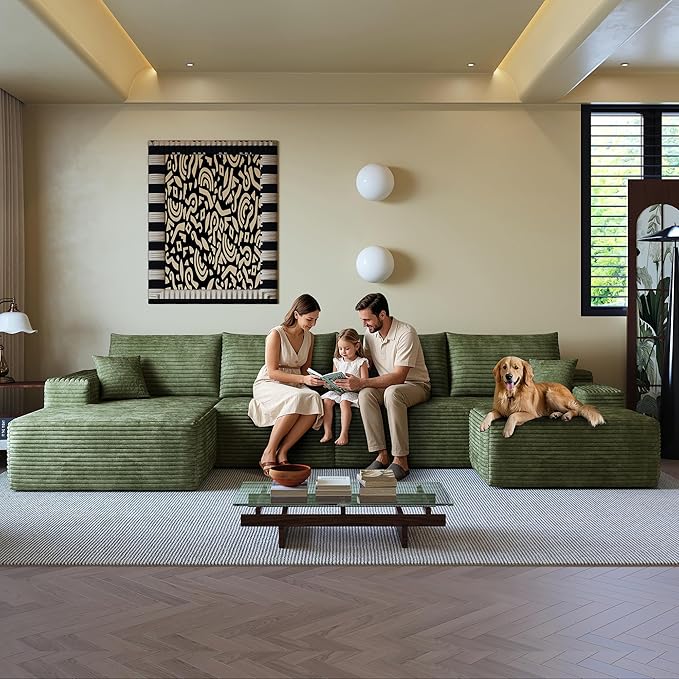 108" Sectional Couches for Living Room Modern Modular Sofa with L-Shape Couchs Upholstered Boneless Couch Deep Seat Sectional Couch with Chaise (Green, Left Facing Chaise+3Seaters+Ottoman)-HomvellaHome