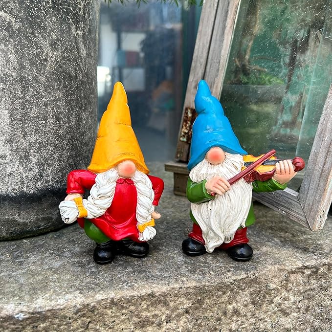 Garden Gnome Duo Decorative Figurines 5.5“ Ornament for Indoor Outdoor Home Garden Decor，Musical Violin Player and Dancing, Colorful Outdoor Statues, Set of 2-HomvellaHome