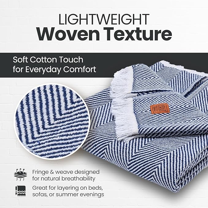 Gold Case Throw Blanket for Couch – 100% Recycled Turkish Cotton Blankets & Throws – Elegant Decorative Throw Blankets for Living Room Sofa – Woven Throws for Couch – Elegant Navy Blue – 50x60-HomvellaHome