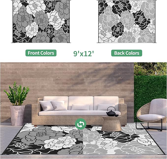 GENIMO Outdoor Rug Waterproof for Patio Decor, 9' x 12' Reversible Plastic Straw Floral Camping Carpet, Large Area Rugs Mats for RV, Camper, Deck, Balcony, Porch, Beach, Picnic, Mix-Black & White-HomvellaHome