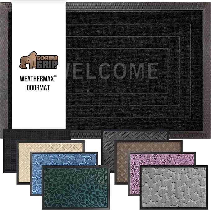 GORILLA GRIP 100% Waterproof All-Season WeatherMax Doormat 35x23, US Designed Natural Rubber, Stain and Fade Resistant, Low Profile Indoor Outdoor Door Mats, Easy Clean Patio Mat, Black Welcome-HomvellaHome