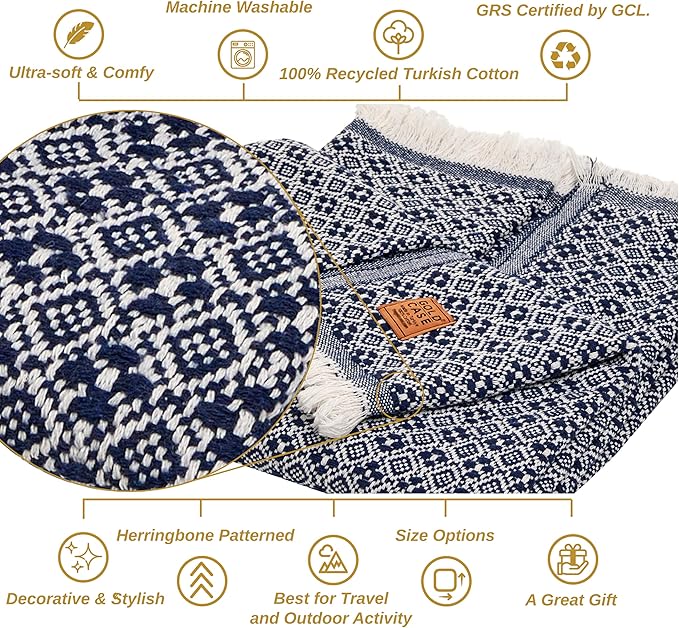 Gold Case Throw Blanket for Couch - 100% Recycled Turkish Cotton Blankets & Throws - Retro Soft Throw Blankets for Living Room Sofa - Boho Decorative Woven Throws for Couch - 60x80 - Navy Blue-HomvellaHome