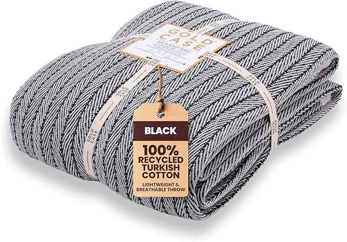 Gold Case Throw Blanket for Bed – 100% Recycled Turkish Cotton Bed Blanket – Decorative Throw Cotton Blankets for Living Room & Bedroom – Woven Twin Blankets - 71x90 - Black-HomvellaHome