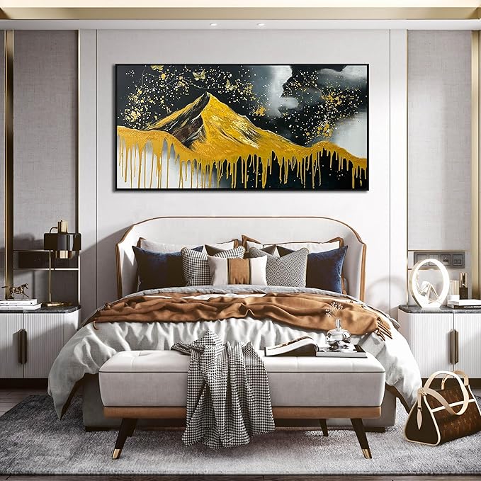 Gold Mountains Painted Wall Art for Living Room - Hand Painted Abstract Wall Art for Office - Black Framed Wall Art for Bedroom Size 29" x 59"-HomvellaHome