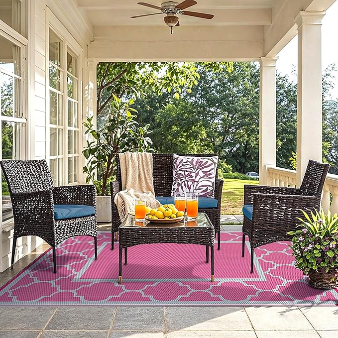 GENIMO 6' x 9' Outdoor Rug Waterproof for Patio Decor, Foldable Reversible Plastic Straw Area Rugs Mat for Camper, Outside Carpet for Rv, Deck, Porch, Picnic, Beach, Balcony, Pink & Grey-HomvellaHome