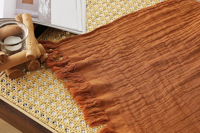 100% Cotton Muslin Throw Blanket for Bed, Couch, Travel, Luxuriously Soft, Pre-Washed, Breathable and Lightweight Gauze Blanket with Tassels, Suitable for All Seasons, Rust, 50"x60"-HomvellaHome