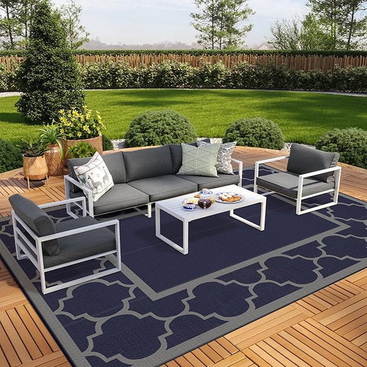 GENIMO 10 'x20 ' Outdoor Rug for Patio Clearance, Waterproof Indoor Outdoor Plastic Straw Rugs Carpet, Reversible Outside Area Rv Mat for Camping, Balcony Porch, Deck, Picnic, Beach (Blue & Grey)-HomvellaHome