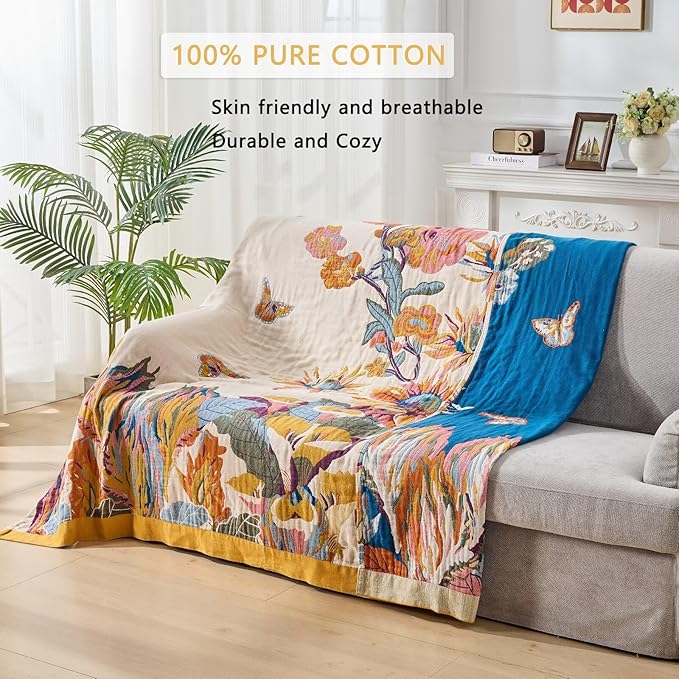 100% Muslin Throw Blanket for Couch, Butterfly and Floral Double Embroidery Summer Throw Blanket 60"x80" for Bed, Chair, Woven Cotton Reversible Mexican Blanket-HomvellaHome