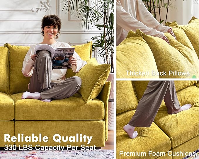 102.6" Luxury Modular Sleeper Sofa Bed 6 Seat Reversible Sectional Couch Deep Seat with Storage Chaises Removable Cover for Living Room, Apartment - Chenille Yellow-HomvellaHome