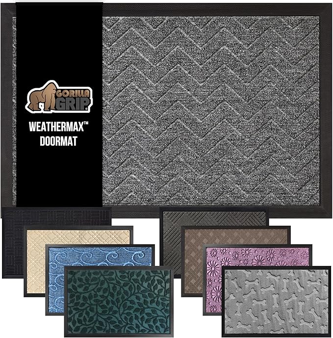GORILLA GRIP 100% Waterproof All-Season WeatherMax Doormat US Designed Natural Rubber, Stain and Fade Resistant, Low Profile Indoor Outdoor Door Mats, Easy Clean Patio Mat, 17x29, Steel Chevron-HomvellaHome