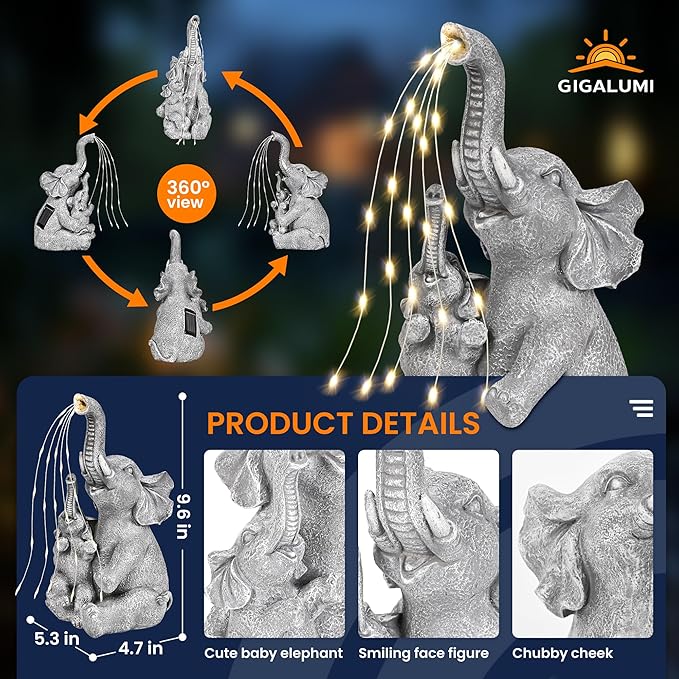 GIGALUMI Solar Garden Outdoor Statues for Women, Mom, Grandma. Elephant Figurine Housewarming and Birthday Gifts Outdoor Statue Light Decor Ornament for Backyard, Patio, Balcony, Lawn, Pond-HomvellaHome